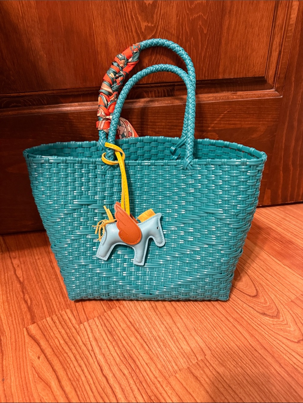 Turquoise Woven Tote Bag with Horse Charm